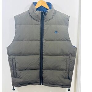 Vintage Champion Down Puffer Full Zip Olive Green Vest Side Pockets Men's  XXL